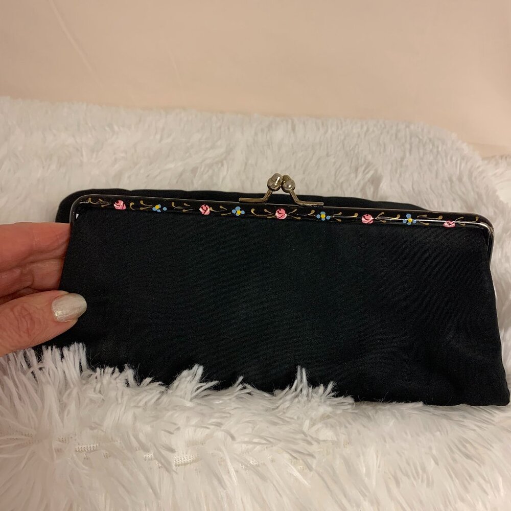 Evening Bag Black Fabric Vintage Floral Painted Trim Formal Party